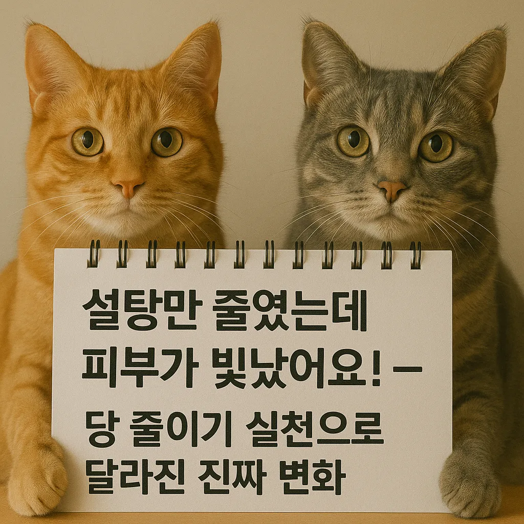 설탕 줄이기의 효과를 전하는 문구가 적힌 스케치북을 들고 있는 두 마리 고양이