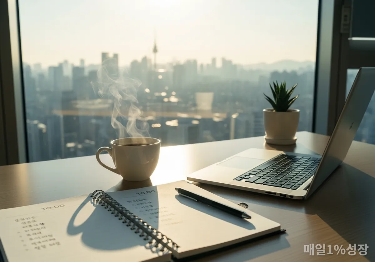 출근 후 따뜻한 커피 한 잔과 함께 업무 우선순위를 정리한 깔끔한 사무실 책상