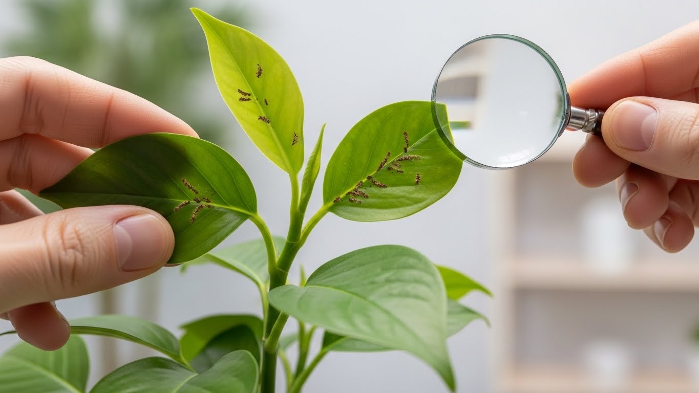 실내 식물의 잎 뒷면을 가까이에서 관찰하며 병충해 초기 증상을 확인하는 장면. 식물 병충해를 조기에 진단하는 방법을 설명하는 대표 이미지.