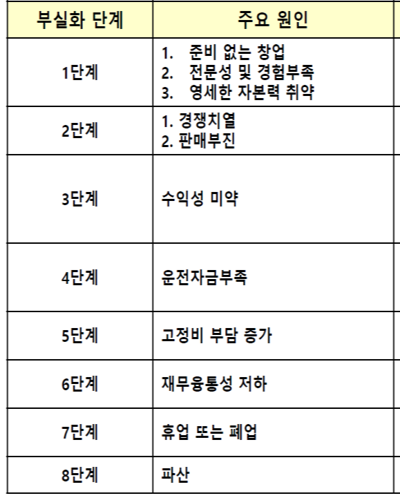 소상공인 부실화 단계 및 부실원인 정리 요약용