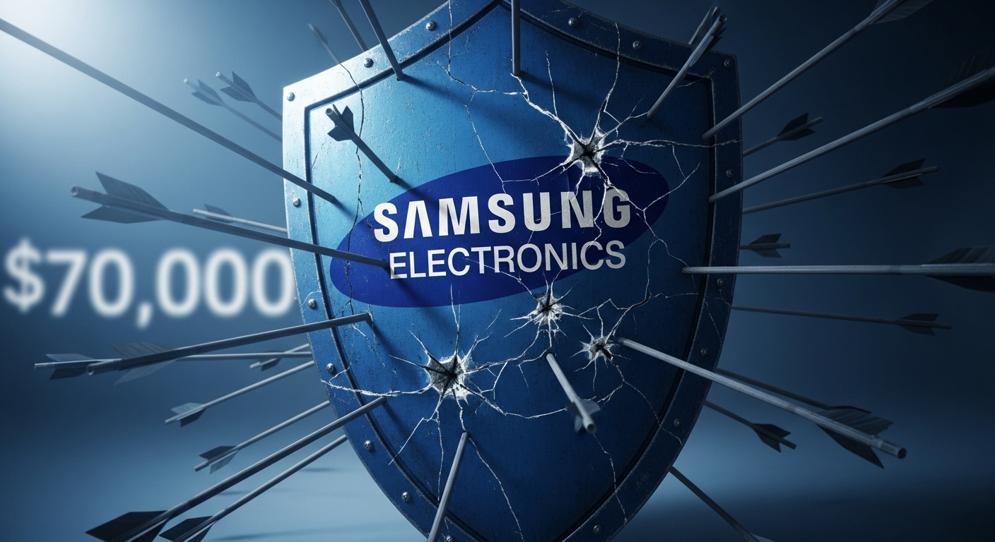 A blue shield with the Samsung Electronics logo blocking a rain of arrows (selling pressure), but the shield is cracking precariously. The number '70,000' is blurred in the background.