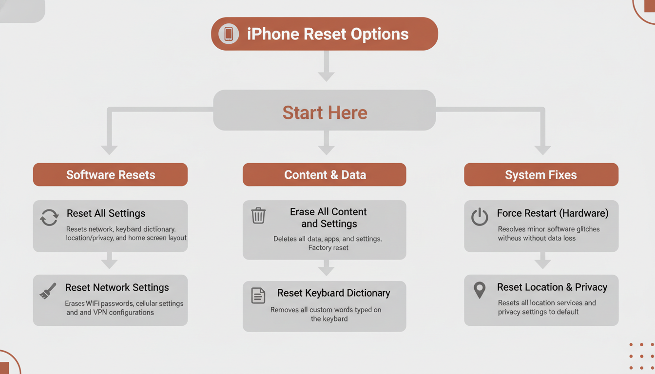 아이폰 초기화 종류를 시각적으로 설명하는 그래픽. '모든 설정 재설정', '모든 콘텐츠 및 설정 지우기' 등 주요 초기화 옵션들이 아이콘과 함께 표시되어 있다.