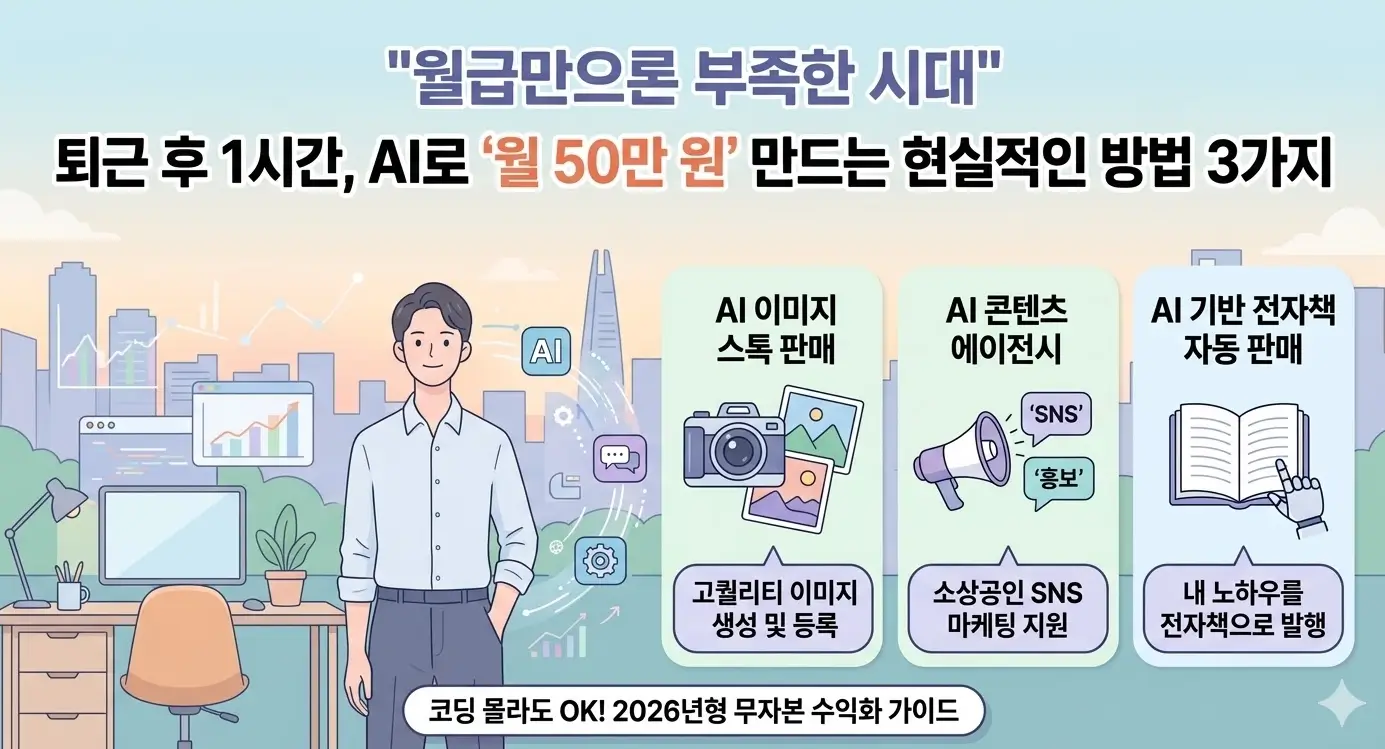 컴퓨터로 AI 도구를 활용해 수익을 분석하는 깔끔하고 부드러운 인포그래픽 이미지