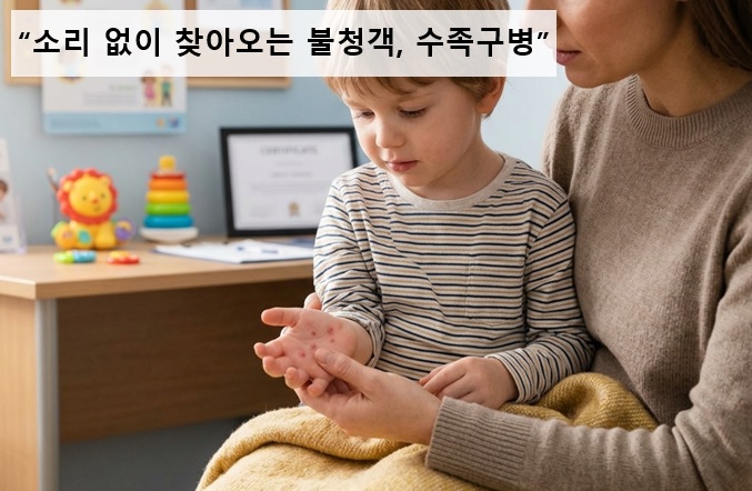 수족구병 증상을 확인하는 엄마와 아이