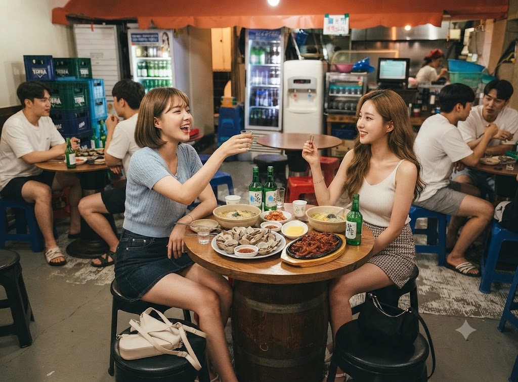 올림픽 공원을 둘러보고 저녁 식사 겸 술을 한 잔 하는 친구들