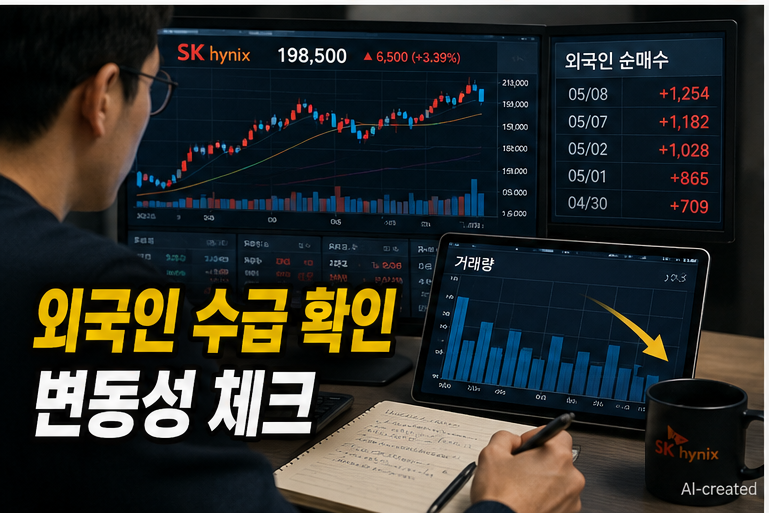 하이닉스 유지 가능 구간과 위험 구간을 거래량과 수급 기준으로 비교하는 이미지