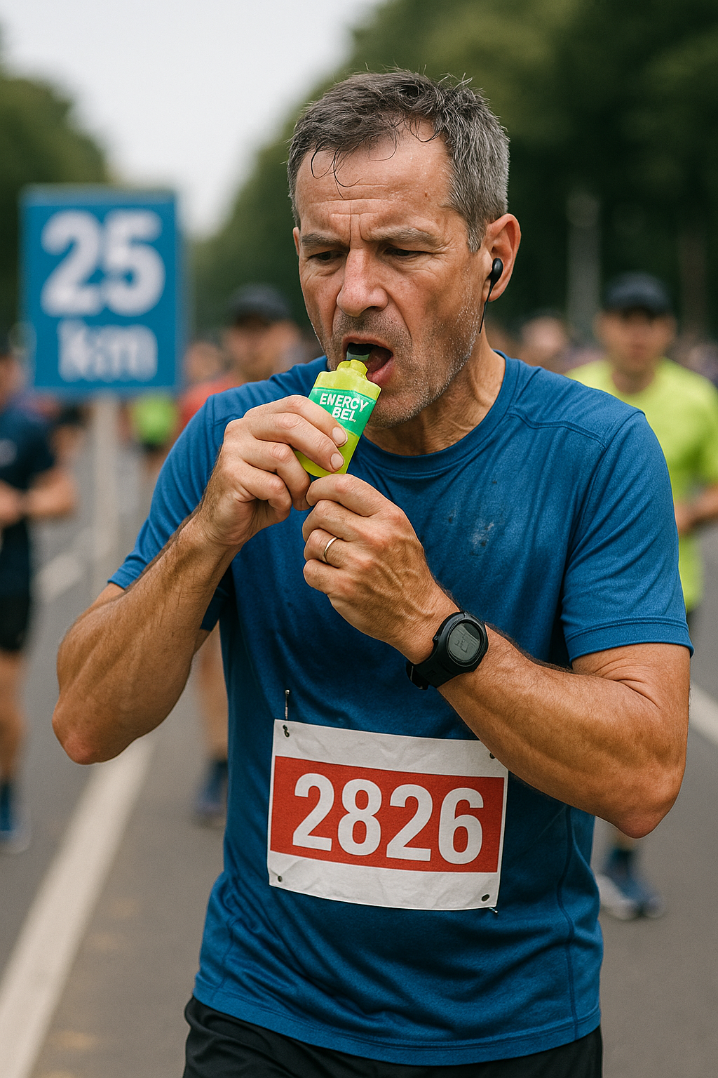 마라톤 도중 지친 표정으로 이마를 짚으며 힘겹게 달리는 러너의 모습. 손에는 에너지 보충제가 들려 있으며, 땀에 젖은 얼굴로 중간 고비를 넘기려는 집중력이 돋보임.