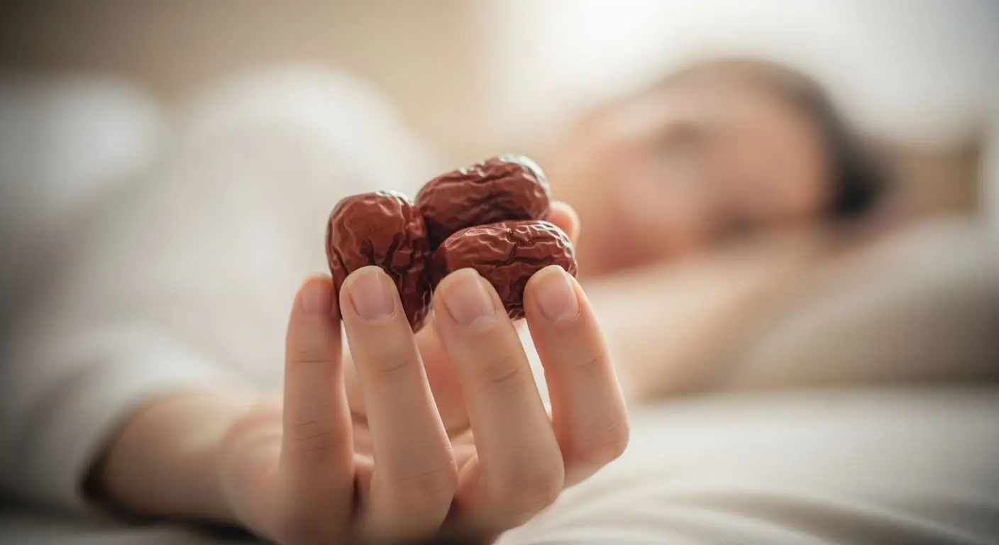 손에 들린 세 개의 대추와 편안하게 잠든 사람의 모습, 대추의 심신 안정 효과를 상징.