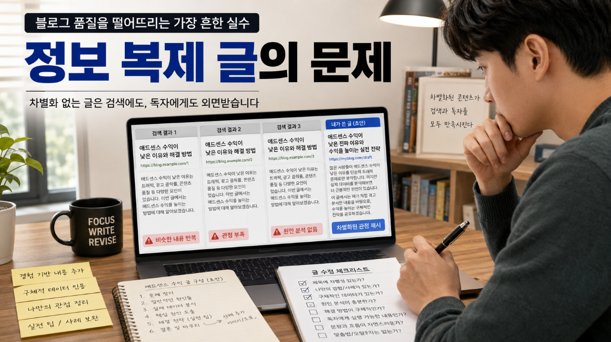 애드센스 승인용 블로그 글에서 정보 복제와 관점 부족 문제를 점검하는 이미지