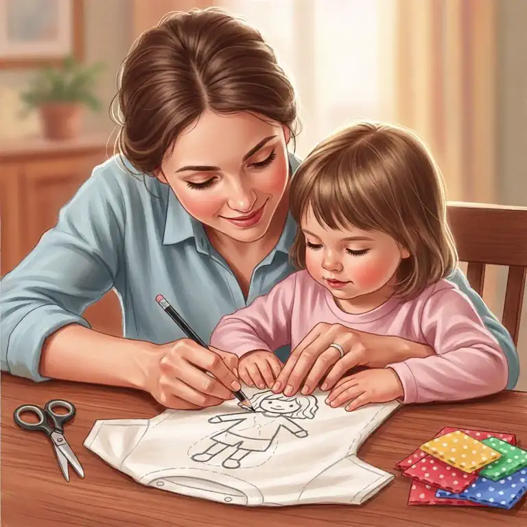 아이 옷 위에 인형 패턴 그리기