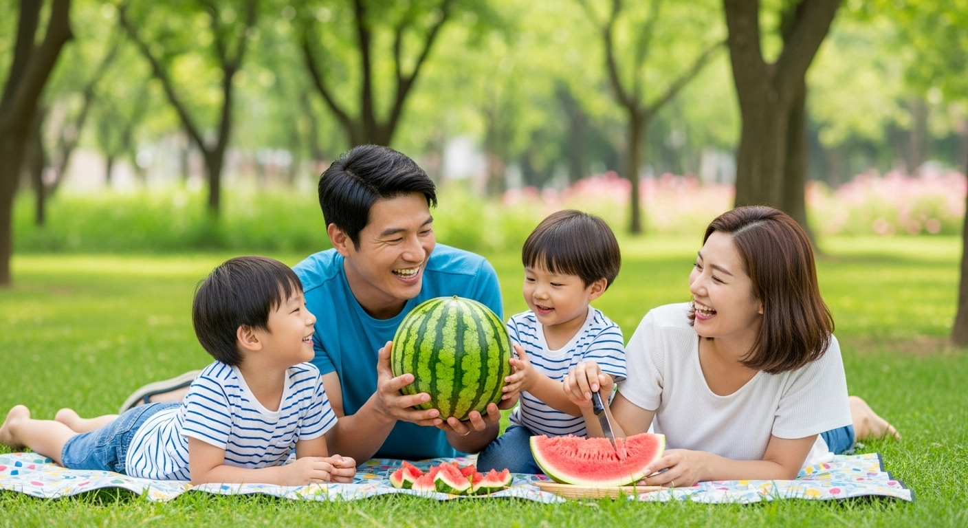 야외에서 수박을 먹는 행복한 가족의 모습