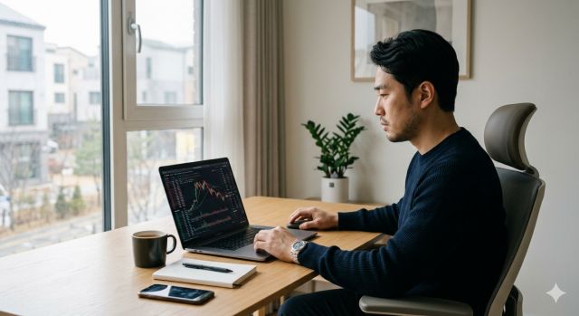 2026년 코스피 전망을 분석하며 노트북으로 주식 차트를 확인하는 투자자 모습