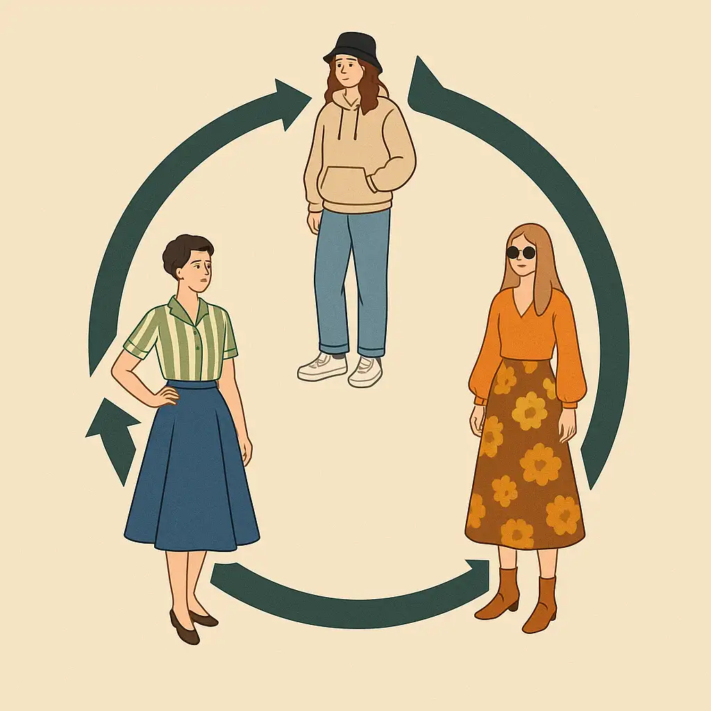 1950년대-복고풍과-1990년대-스트릿패션-그리고-현대-미니멀-스타일이-화살표로-연결되어-패션-트렌드가-순환하는-현상을-표현한-이미지