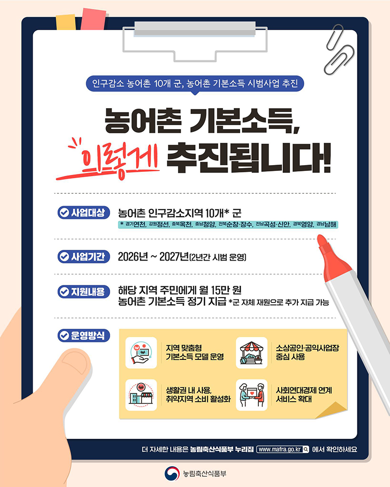 2026 농어촌 기본소득 시범사업 시작! 연천&middot;정선 등 10개 군 월 15만 원 지급, 무엇이 달라질까