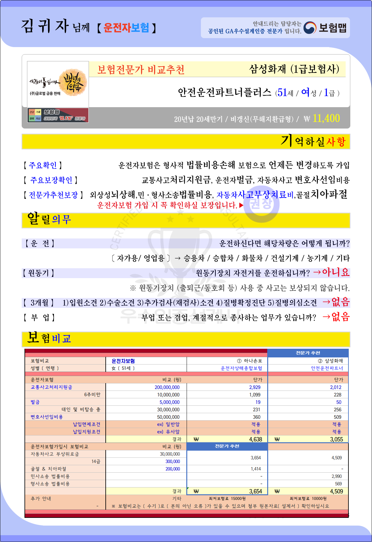 김귀자님추천보험_운전자보험비교