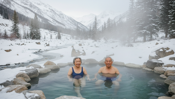 따뜻한 김이 피어오르는 겨울 야외 온천에서 평화롭게 휴식을 취하는 시니어 부부의 모습. 주변에는 눈 덮인 산이 보인다.