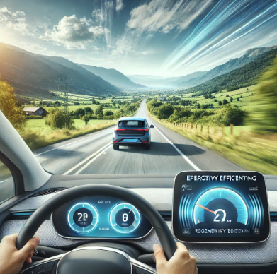 대시보드에 에너지 효율 지표가 있는 멋진 도로에서 원활하게 주행하는 전기차를 보여주며, 친환경적이고 효율적인 여행을 강조합니다.