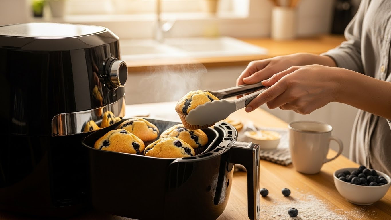 에어프라이어에서 갓 구워낸 블루베리 머핀을 꺼내는 모습.