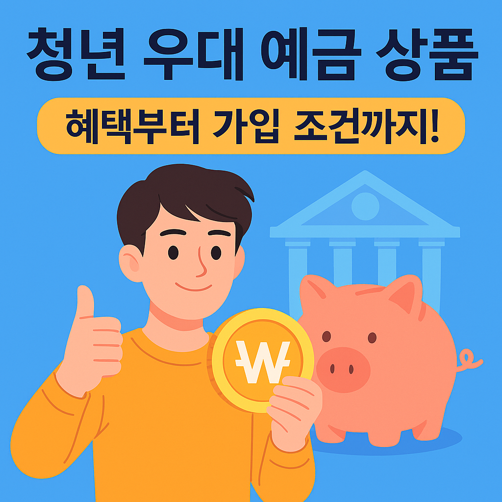 청년 우대 예금 상품을 홍보하는 썸네일 이미지로, 밝은 파란 배경 위에 원화 동전을 든 청년 남성과 돼지저금통, 은행 아이콘이 등장하며 '혜택부터 가입 조건까지!' 문구가 강조된 이미지