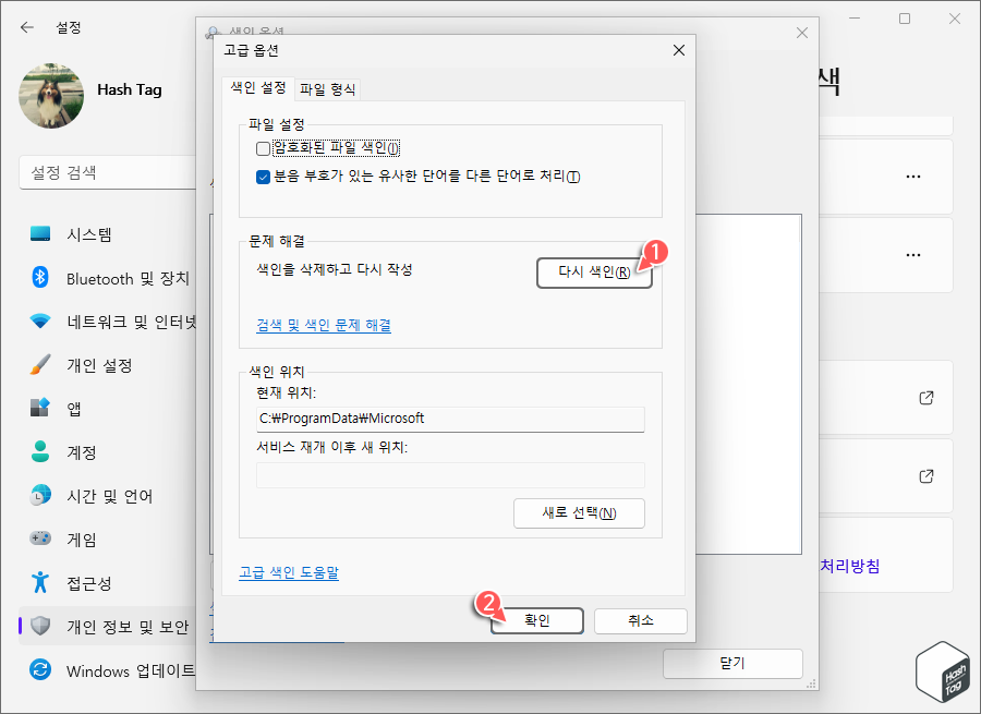 색인 설정 탭 > 다시 색인
