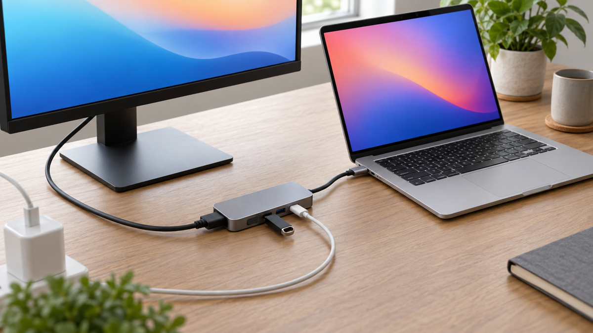MacBook과 HDMI 모니터&middot;USB 기기&middot;충전 케이블을 USB-C 허브로 연결한 구성 이미지