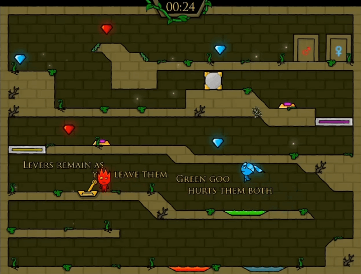 물과-불 -2인용-게임하기-포레스트템플-플레이-소녀가-오염된-물을-피하기-위해-점프하는-화면