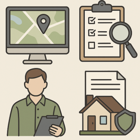 "시골 귀촌 빈집 조사 방법을 표현한 일러스트, 지도와 위치 아이콘이 있는 컴퓨터 화면, 체크리스트와 돋보기, 조사 중인 인물, 빈집과 문서가 함께 배치된 디자인"