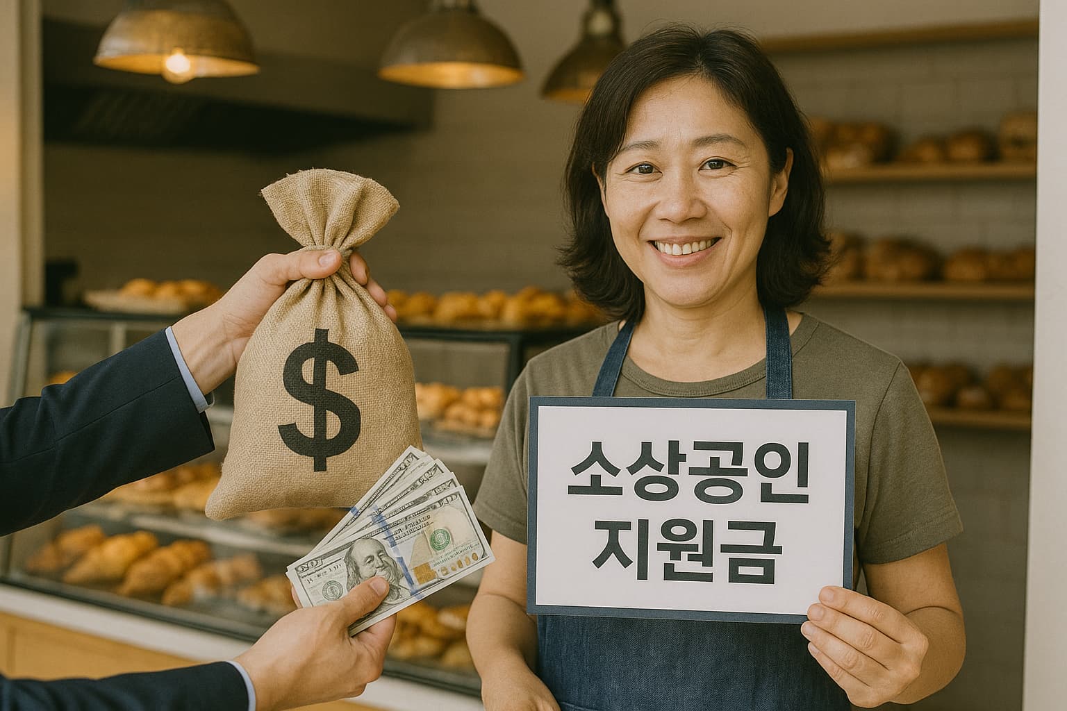 제과점에서 소상공인 지원금 안내판을 들고 있는 여성 자영업자