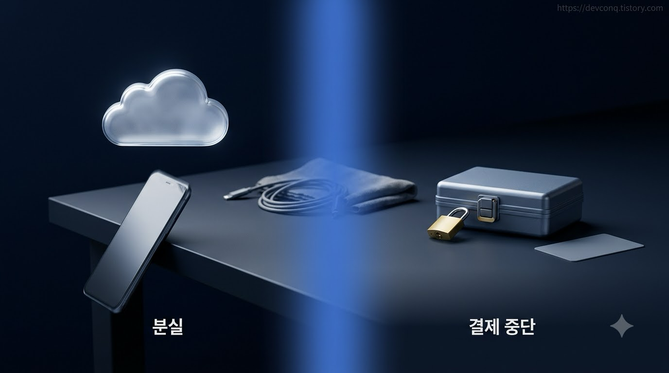 클라우드 백업과 외장 저장장치 사본이 서로 다른 사고를 막는다는 것을 보여주는 장면