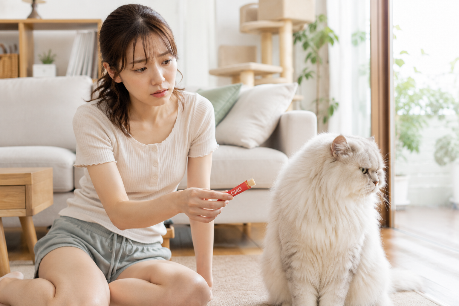 좋아하는 간식을 코앞에 대주어도 고개를 돌리는 고양이