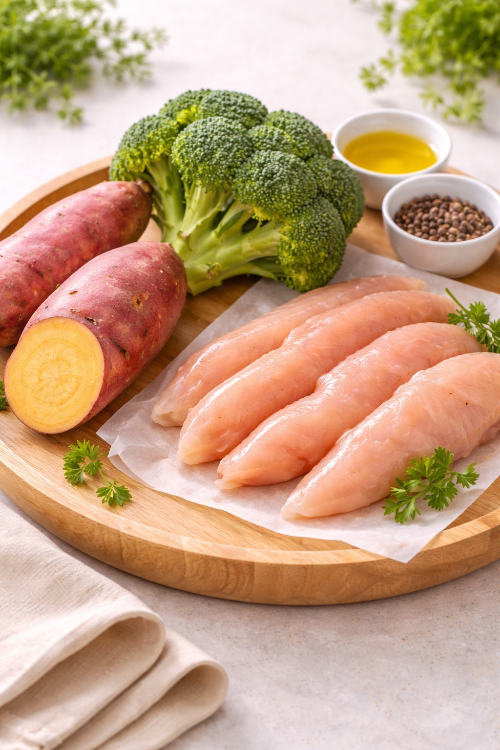 완료기 이유식 닭고기 고구마 브로콜리 진밥 식재료 세팅 사진