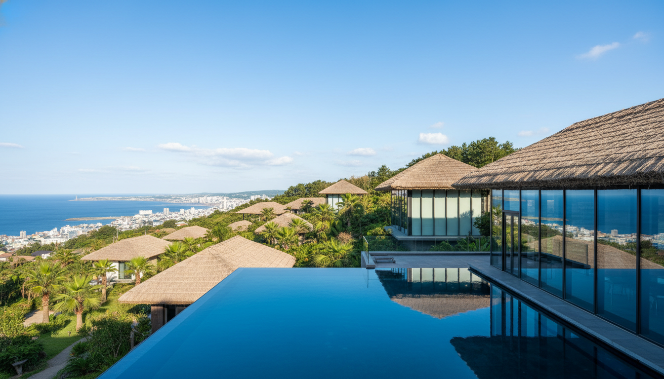 한라산 중턱에 위치하여 제주 시내와 바다를 내려다보는 엠버퓨어힐 리조트의 전경과 투명 인피니티 풀의 모습