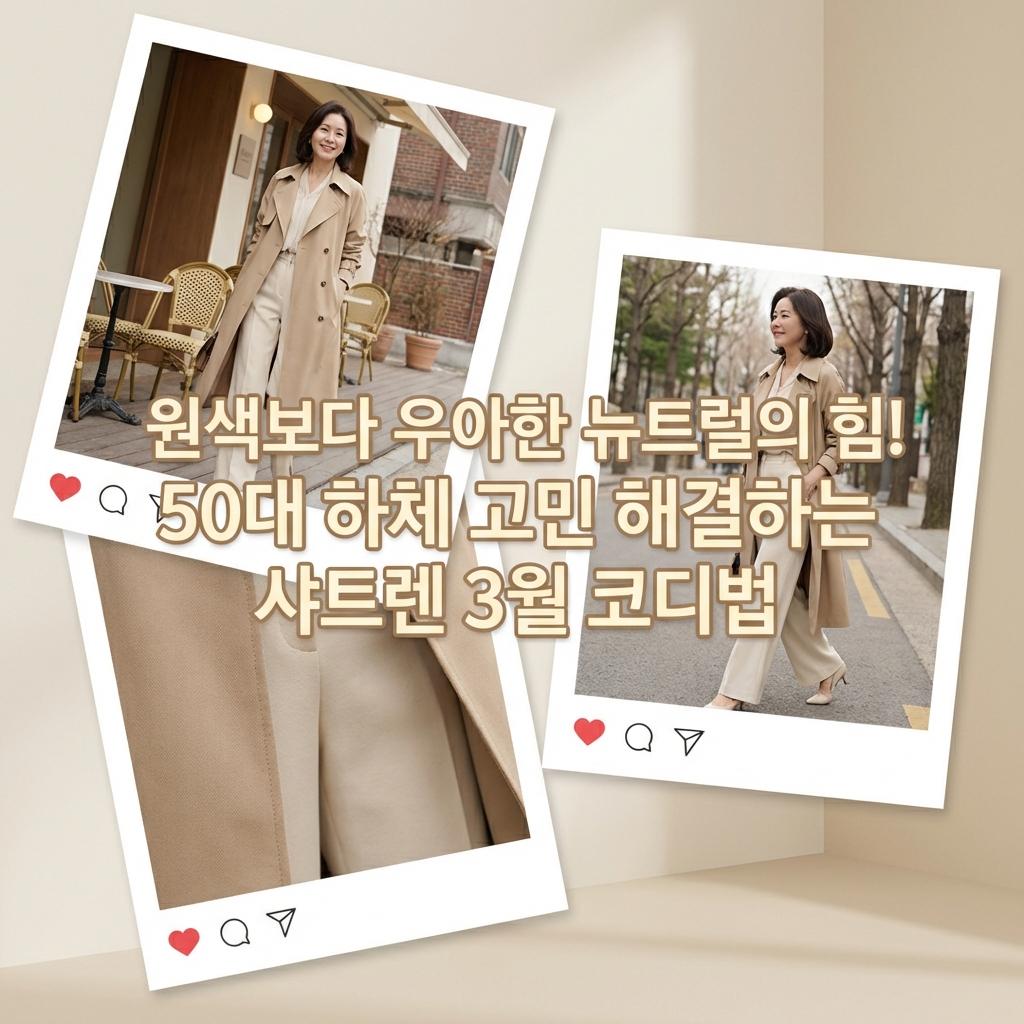 우아한 프렌치 감성 샤트렌 50대 여성을 위한 3월 오피스룩 하체 비만 커버 와이드 팬츠 코디법