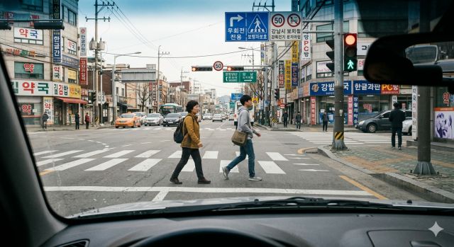우회전 차량이 횡단보도 앞 정지선에서 멈추고 보행자가 건너는 실제 교차로 상황 2026 기준 설명 이미지