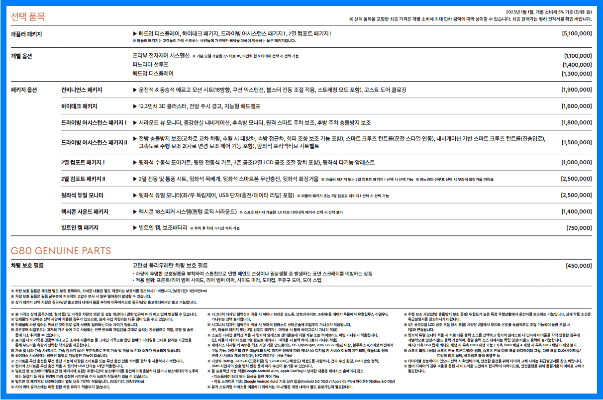 2023 G80 제원 - 가격표