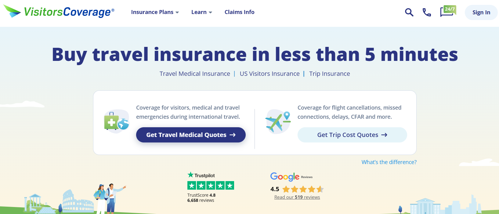 한국에서 여행을 오거나 유학생들을 위한 VisitorsCoverage 사용법 웹싸이트 화면