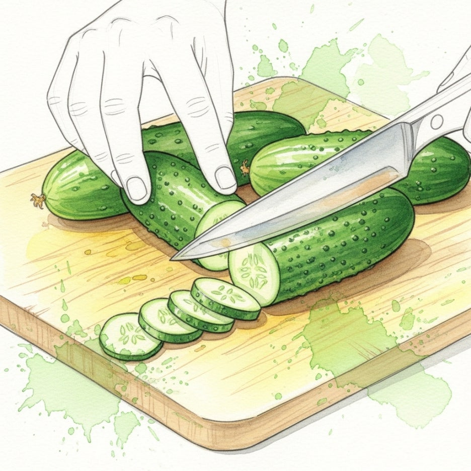 도마 위에서 신선한 오이를 썰고 있는 모습