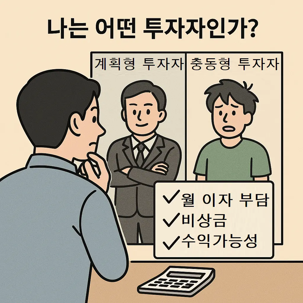 거울을 마주한 남성이 계획형 투자자와 충동형 투자자 중 자신을 비교하고 있음, 체크리스트엔 월 이자, 비상금, 수익 가능성