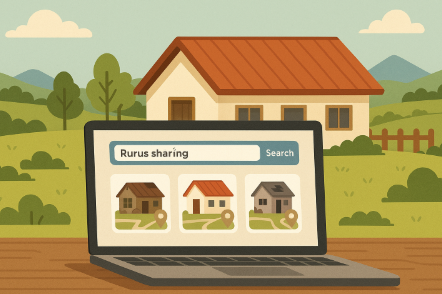 "농촌 빈집 공유 플랫폼을 표현한 일러스트, 노트북 화면에 여러 농촌 집 아이콘과 지도 표시가 나타난 모습"