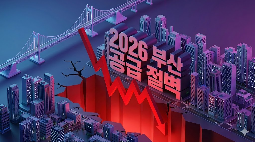 2026년 부산 아파트 입주 물량 급감을 나타내는 하락 그래프와 부산 도시 전경 일러스트