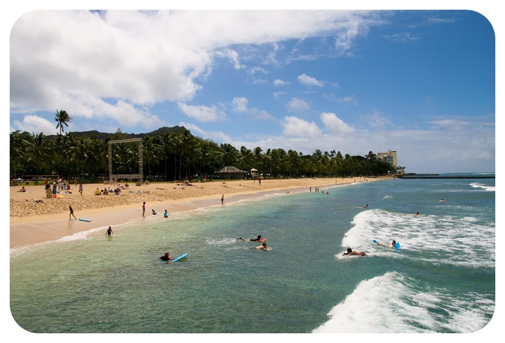 퀸즈 비치 해안가에서 물놀이 하는 사람들을 찍은 사진