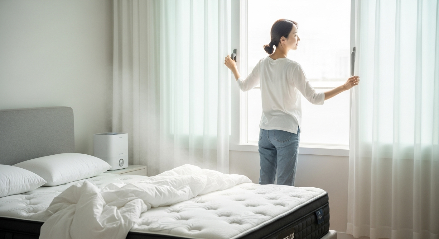 쾌적한 침실에서 창문을 열어 매트리스를 환기하는 한국 여성