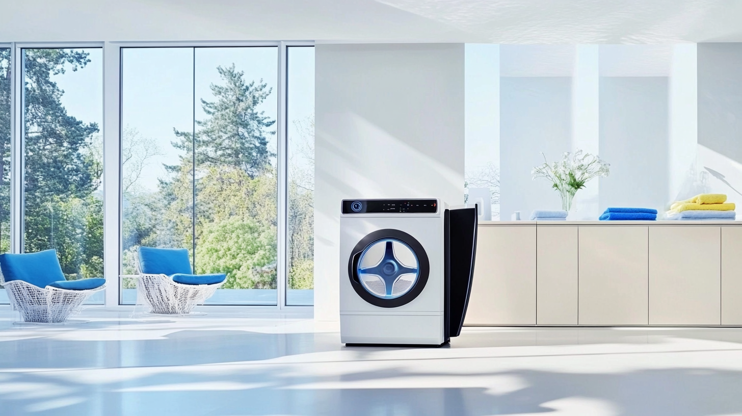세탁기의 AI 기능이 강조된 현대적인 세탁실, 밝고 세련된 디자인으로 혁신적인 세탁 환경을 제공하는 모습