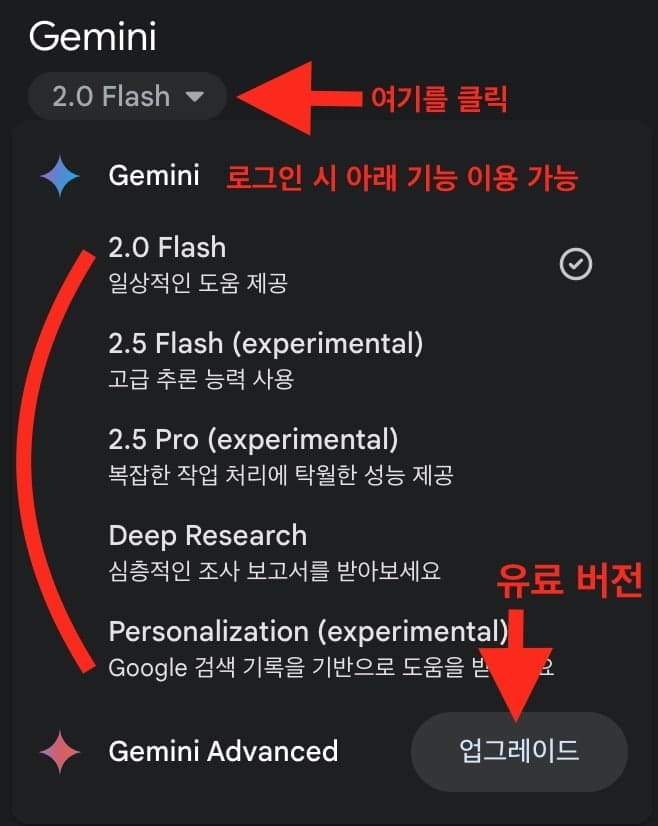 Google Gemini 좌측 상단 5가지 모델을 설명하는 이미지
