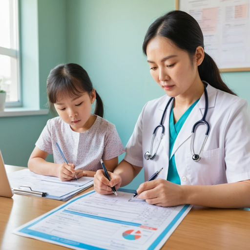 여자 의사와 어린 소녀가 책상에 앉아 의료 서류를 작성하고 있는 모습. 의사는 청진기를 목에 걸고 있으며, 아이는 집중해서 서류를 작성하고 있다. 의료 상담 장면을 연상시키는 따뜻하고 전문적인 분위기