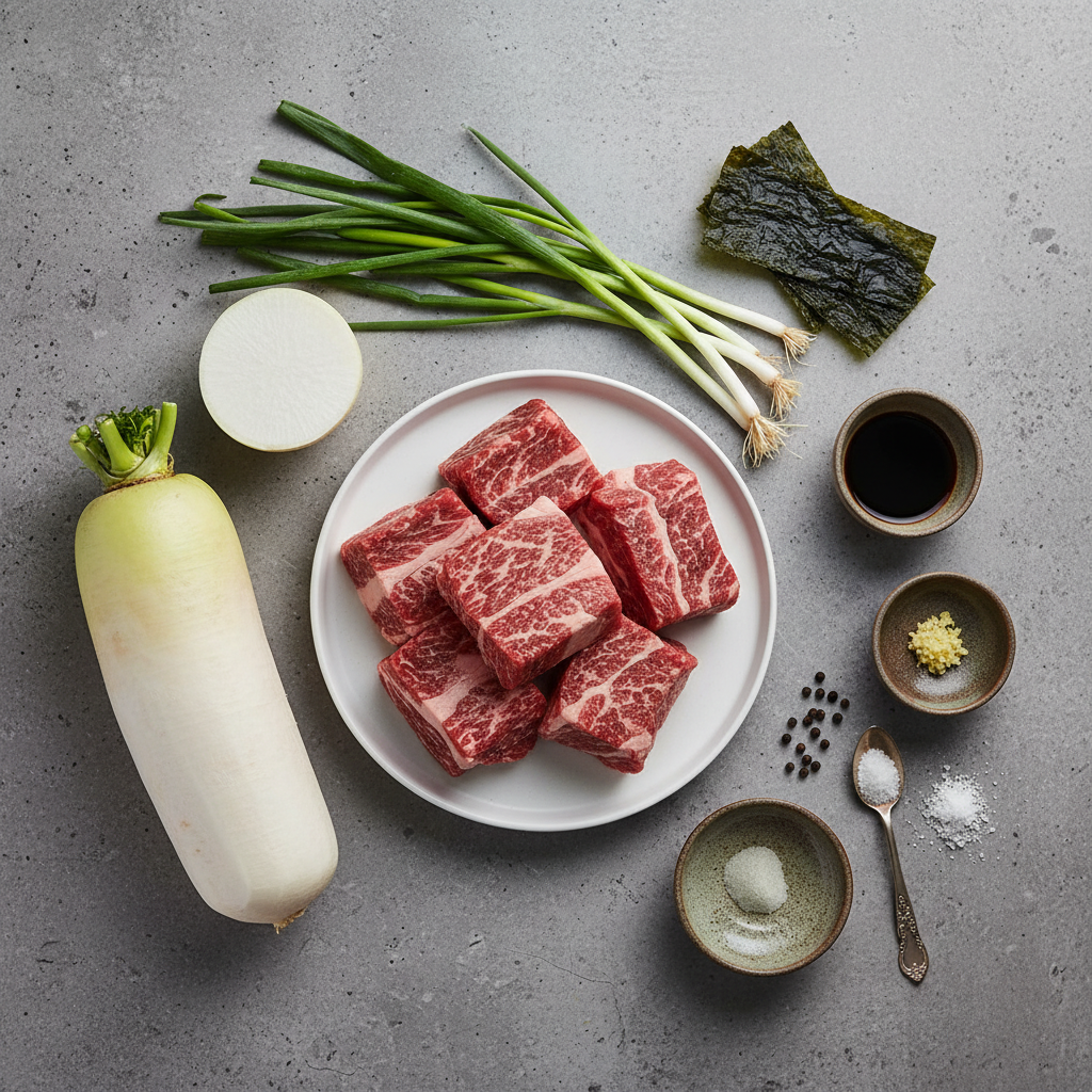 신선한 무와 소고기, 양념이 준비된 모습