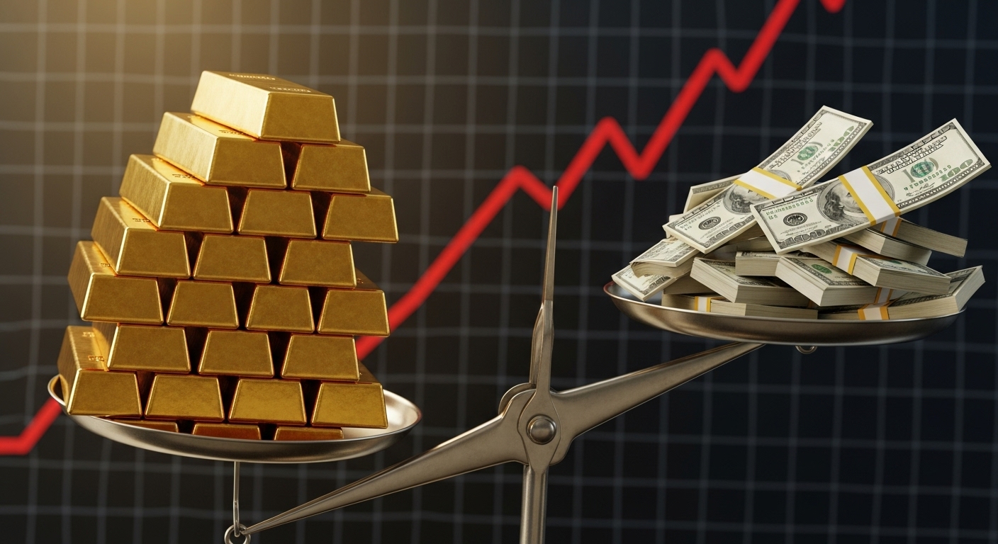 Image of a scale with gold bars on one side and dollar bills on the other, heavily tipping towards gold. Background shows a rising red graph.