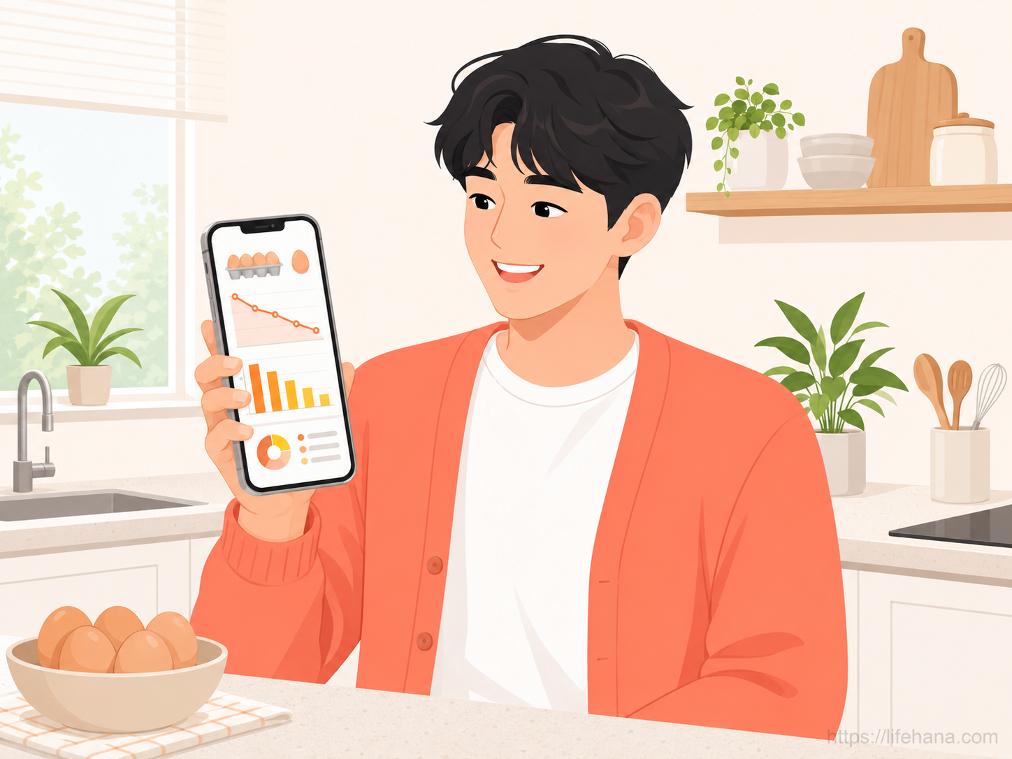화창한 여름날 주방 식탁 위 계란 요리를 바라보며 스마트폰으로 정부의 장바구니 물가 절감 수치를 스크리닝하는 청년의 일상 일러스트