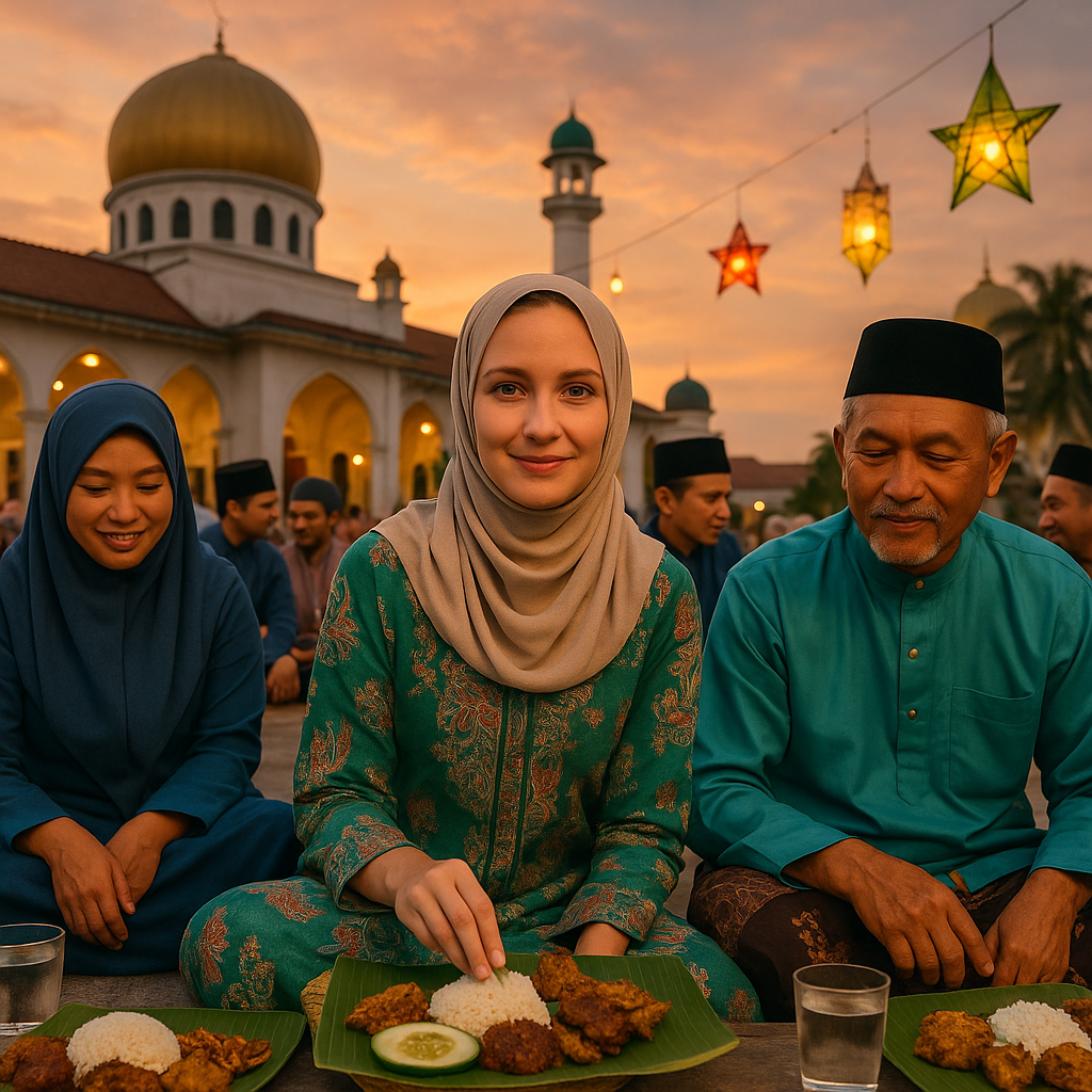 녹색 바주 쿠룽을 입은 여행자가 해질녘 모스크 앞에서 말레이 현지인들과 함께 이프타르 식사를 나누며 미소 짓는 모습