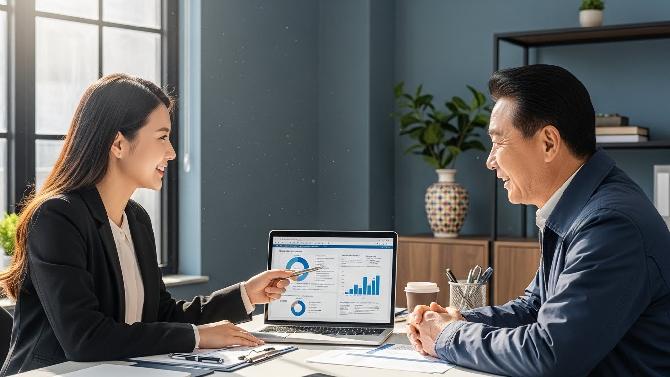 전문 컨설턴트에게 정부 지원 정책 신청 방법에 대해 상세히 안내받는 소상공인 어르신